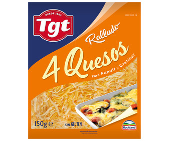 Queso rallado mezcla 4 quesos, para fundir y gratinar TGT 150 g. Queso rallado mezcla 4 quesos, para fundir y gratinar TGT 150 g.