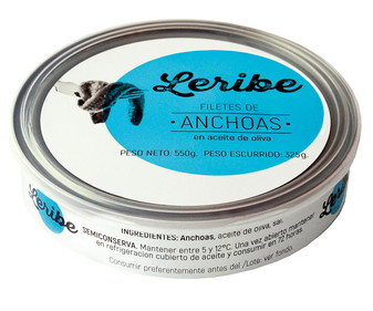 Filetes de anchoa en aceite de oliva LERIBE 550 g. ( P. N. E. 325 g.) Filetes de anchoa en aceite de oliva LERIBE 550 g. ( P. N. E. 325 g.)
