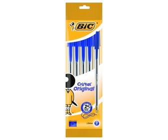 5 bolígrafos con tapa punta media y grosor de 1mm con tinta de base aceite azul BIC Cristal original.