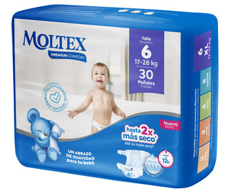 Pañales talla 6 para bebés de 17 a 28 kilogramos MOLTEX Premium comfort 30 uds. Pañales talla 6 para bebés de 17 a 28 kilogramos MOLTEX Premium comfort 30 uds.