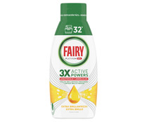 Detergente lavavajillas gel limón FAIRY PLATINUM 30 + 2 lav. 650 ml.