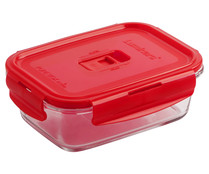 Recipiente hermético rectangular de vidrio templado y tapa color rojo, Pure Box Active, 0,82 litros, 13cm. LUMINARC.