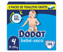 Pañales talla 4, para niños de 9 a 14 kilogramos DODOT Bebé-seco 116 uds.