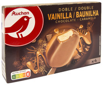Bombon de helado de vainilla con salsa de caramelo, recubierto de chocolate con leche PRODUCTO ALCAMPO Doble 4 x 100 ml.