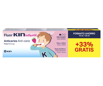 Pasta de dientes infantil con flúor, Xylitol y sabor a fresa KIN 75 ml. Pasta de dientes infantil con flúor, Xylitol y sabor a fresa KIN 75 ml.