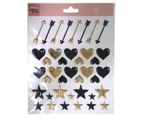 Pack de 39 stickers, incluye flechas, estrellas y corazones en color negro y dorado. HALLMARK. 