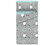 Juego de sábanas con diseño infantil gris y azul para cama de 90cm, 100% poliéster, ESSENTIAL.