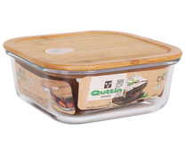 Recipiente hermético cuadrado fabricado en vidrio con tapa de bambú y válvula de vapor, 1,1 litros, Bio QUTTIN.