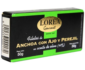 Filetes de anchoa en aceite de oliva con ajo y perejil LOREA 30 g. Filetes de anchoa en aceite de oliva con ajo y perejil LOREA 30 g.