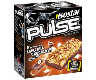Barritas energéticas de chocolate con avellanas ISOSTAR Pulse, 6 uds x 23 g.