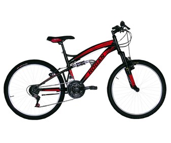 Bicicleta de montaña 24" (60,96cm) con 18 velocidades, cuadro de acero, frenos V-Brake y full suspension, HOGAN. Bicicleta de montaña 24" (60,96cm) con 18 velocidades, cuadro de acero, frenos V-Brake y full suspension, HOGAN.