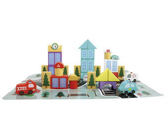 Conjunto de Ciudad con tapiz y 33 piezas de madera, ONE TWO FUN ALCAMPO. Conjunto de Ciudad con tapiz y 33 piezas de madera, ONE TWO FUN ALCAMPO.