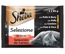 Comida para gatos adultos a base de pollo, buey, conejo y pavo en salsa SHEBA 4 uds. 85 g.