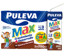 Leche de crecimiento y desarrollo con cacao y cereales, a partir de 3 años PULEVA Max crecimiento + desarrollo 3 x 200 ml.