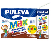 Leche de crecimiento y desarrollo con cacao y cereales, a partir de 3 años PULEVA Max crecimiento + desarrollo 3 x 200 ml.