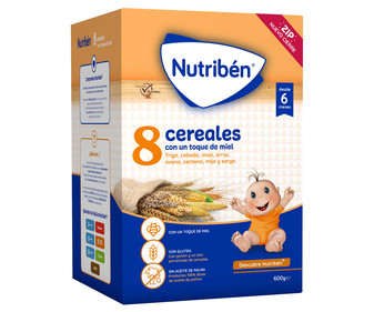 Papilla en polvo con 8 cereales y un toque de miel, a partir de 6 meses NUTRIBÉN 600 g. Papilla en polvo con 8 cereales y un toque de miel, a partir de 6 meses NUTRIBÉN 600 g.