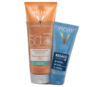 Protector solar hidratante para cara y cuerpo, con FPS 50+ (muy alto) VICHY Capital soleil 300 ml. Protector solar hidratante para cara y cuerpo, con FPS 50+ (muy alto) VICHY Capital soleil 300 ml.