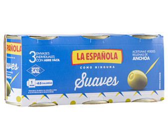 Aceitunas verdes rellenas de anchoas LA ESPAÑOLA Suaves pack de 3 latas de 50 g. Aceitunas verdes rellenas de anchoas LA ESPAÑOLA Suaves pack de 3 latas de 50 g.