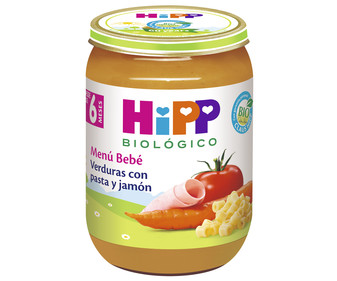 Tarrito de verduras con pasta y jamón ecológicos a partir de 6 meses HIPP Biológico 190 g. Tarrito de verduras con pasta y jamón ecológicos a partir de 6 meses HIPP Biológico 190 g.