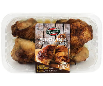 Muslos de pollo asados y troceados, listos para calentar y comer LA CARLOTEÑA 500 g. Muslos de pollo asados y troceados, listos para calentar y comer LA CARLOTEÑA 500 g.