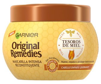 Mascarilla capilar reconstituyente con jalea real, miel y extracto de propóleo para cabello dañado y quebradizo ORIGINAL REMEDIES Tesoros de la miel de Garnier 300 ml. Mascarilla capilar reconstituyente con jalea real, miel y extracto de propóleo para cabello dañado y quebradizo ORIGINAL REMEDIES Tesoros de la miel de Garnier 300 ml.