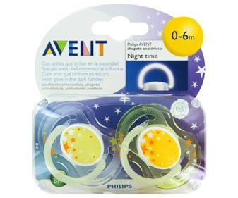 Chupetes nocturnos con tetinas anatómicas de latex para bebés de 0 a 6 meses AVENT 2 uds Chupetes nocturnos con tetinas anatómicas de latex para bebés de 0 a 6 meses AVENT 2 uds