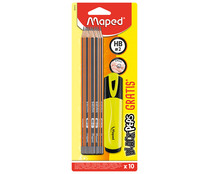 Pack 10 lápices grafito hb 2 + marcador color fluorescente, MAPED.