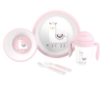 Vajilla de 5 piezas para bebé, apta para el microondas, INTERBABY Pink llama.