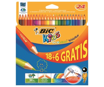 Caja con 24 lápices para colorear, con mina extra dura y hechos de madera reciclada al 50% BIC Kids evolution. Caja con 24 lápices para colorear, con mina extra dura y hechos de madera reciclada al 50% BIC Kids evolution.