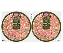 Pizzas frescas de jamón y queso cocidas al horno de piedra CASA TARRADELLAS 2 x 220 g.