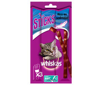 Snacks para gatos adultos a base de salmón en sticks WHISKAS 3 uds.18 g. 
