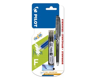 Bolígrafo del tipo roller, con punta de aguja y grosor de escritura de 0.5 milímetros, con tinta líquida borrable de color negro + 3 recargas PILOT Frixion point. Bolígrafo del tipo roller, con punta de aguja y grosor de escritura de 0.5 milímetros, con tinta líquida borrable de color negro + 3 recargas PILOT Frixion point.