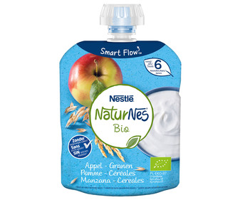 Bolsita de yogur, cereales y manzana, a patir de 6 meses NESTLÉ Naturnes bio 90 g. Bolsita de yogur, cereales y manzana, a patir de 6 meses NESTLÉ Naturnes bio 90 g.