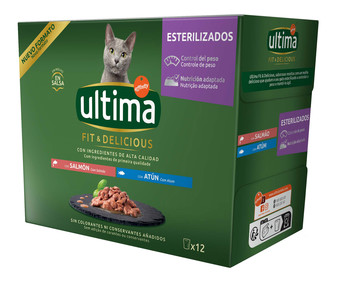 Pienso para gatos esterilizados húmedo a base de salmón y atún ULTIMA 12 uds. 85 gr.