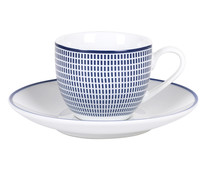 Set de 2 tazas de porcelana con plato, diseño geométrico color blanco y azul, 0,09 litros, Diana SANTA CALARA.