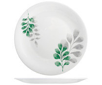 Plato llano redondo 27cm. fabricado en vidrio opal color blanco con decoración de hojas verdes, Botánica BORMIOLI ROCCO.