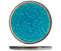 Plato llano de 27 cm fabricado en gres color azul con filo marrón, Teide HOME.