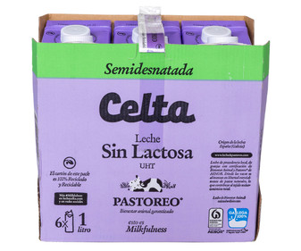 Leche semidesnatada de vaca, sin lactosa y de origen 100% gallega CELTA Pastoreo 6 x 1l. Leche semidesnatada de vaca, sin lactosa y de origen 100% gallega CELTA Pastoreo 6 x 1l.