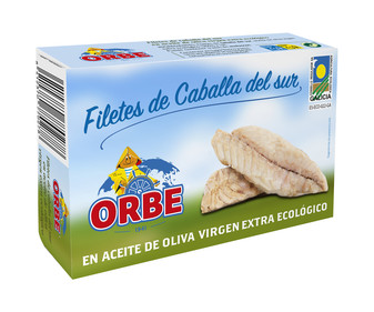 Filetes de caballa en aceite de oliva virgen extra ecológico, bajo en sal ORBE 87 g. Filetes de caballa en aceite de oliva virgen extra ecológico, bajo en sal ORBE 87 g.