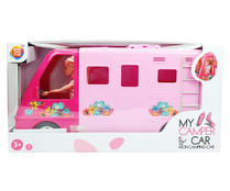 Caravana de vacaciones color rosa con muñeca, ONE TWO FUN ALCAMPO.