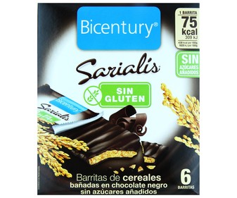 Barritas de cereales bañadas en chocolate negro. Sin gluten SARIALÍS de BIOCENTURY 100 g. Barritas de cereales bañadas en chocolate negro. Sin gluten SARIALÍS de BIOCENTURY 100 g.
