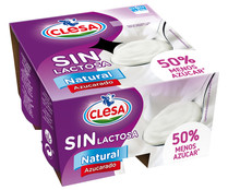 Yogur natural azucarado sin lactosa y con 50% menos de azúcar CLESA 4 x 125 g.