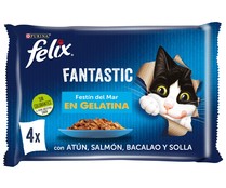 Comida para gatos a base de pescado en gelatina FELIX 4 unidades de 400 gramos.