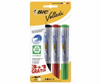Lote de 4 rotuladores para pizarra blanca, con punta redonda y grosor de escritura medio, con tinta borrable de colores azul, negro, rojo y verde BIC Velleda.