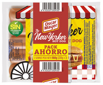 Salchichas de cerdo cocidas y con sabor ahumado, especiales para perritos calientes OSCAR MAYER The new yorker hot dog 3 x 220 g.