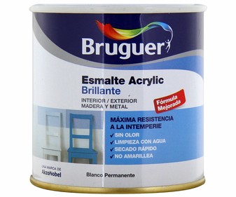 Bote de 0.25 litros de esmalte acrílico decorativo de color blanco y con acabado brillante BRUGUER.