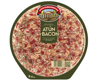 Pizza fresca de atún y bacon cocida al horno de piedra CASA TARRADELLAS 405 g. Pizza fresca de atún y bacon cocida al horno de piedra CASA TARRADELLAS 405 g.