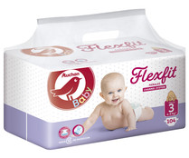 Pañales talla 3 para bebés de 4 a 9 kilogramos ALCAMPO BABY Flexfit 104 uds.