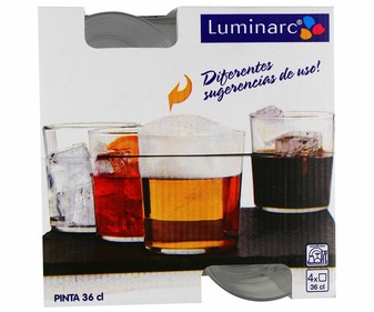 Pack de 4 vasos de pinta, con capacidad de 36 centilitros LUMINARC. Pack de 4 vasos de pinta, con capacidad de 36 centilitros LUMINARC.