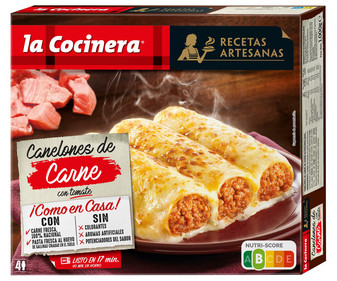 Canelones de pasta fresca al huevo, rellenos de carne (100% nacional) con tomate LA COCINERA Recetas artesanas 1 kg. Canelones de pasta fresca al huevo, rellenos de carne (100% nacional) con tomate LA COCINERA Recetas artesanas 1 kg.